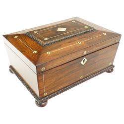 Victorian rosewood sewing box inlaid with mother of pearl, the interior with lift out tray, gadrooned border and compressed bun feet 30cm x 20cm 