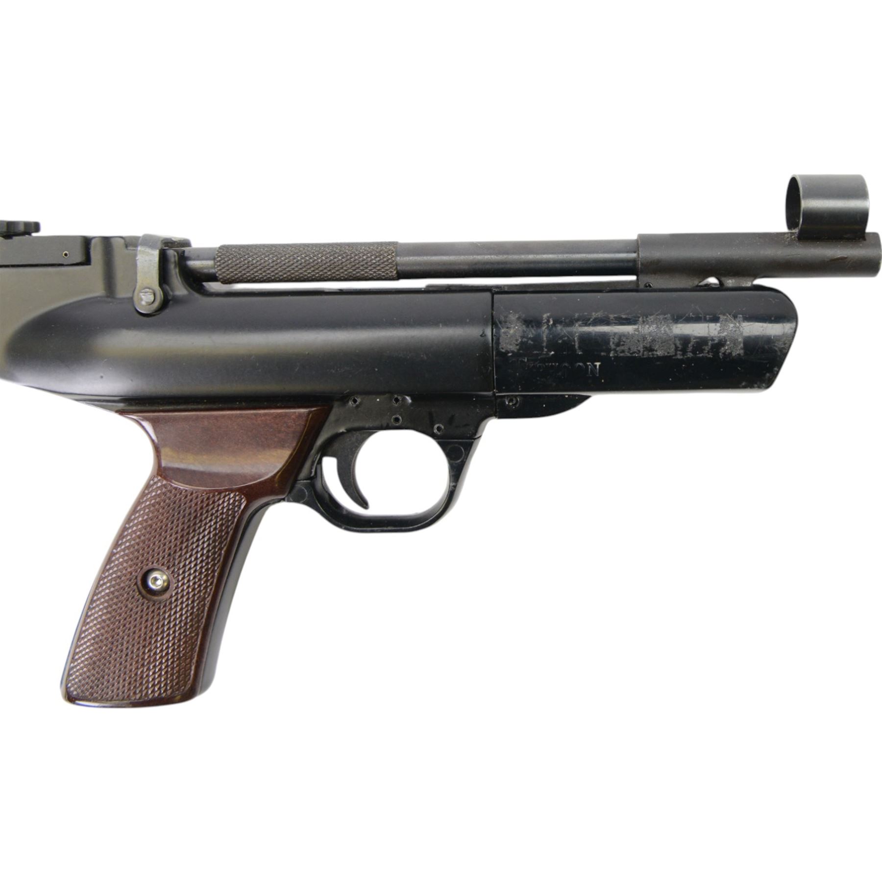 Webley Typhoon .22 air pistol, the chamber marked 'Typhoon' and 'Webley & Scott Ltd. Birmingham England' beneath, with front hooded sight and brown checkered grip, H16cm, L28cm