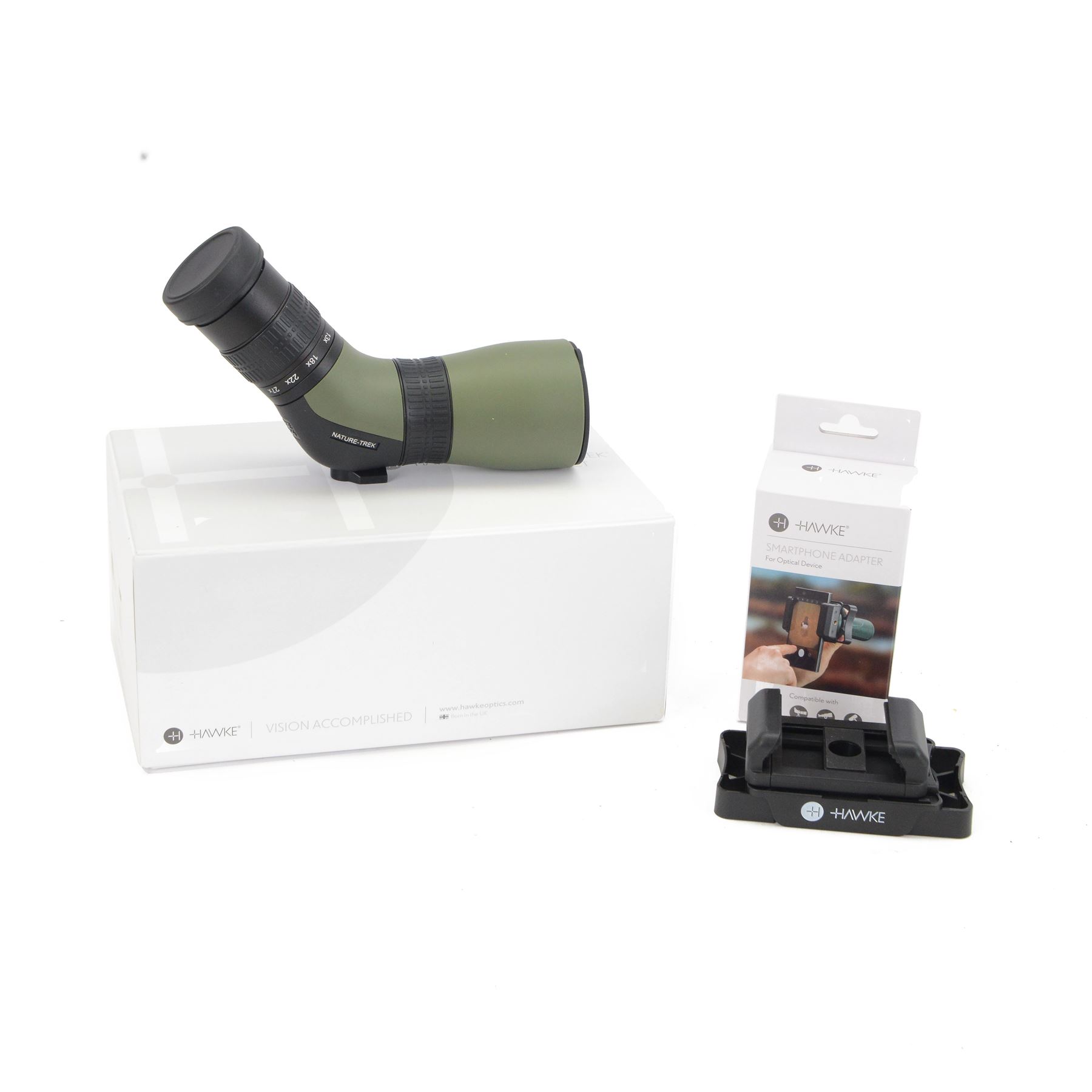 Hawke Nature-Trek Compact 9-27x56 spotting scope, with a Hawke smartphone adapter, both boxed