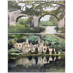 A J Wiseman (British 20th Century): Kylemore Abbey - Ireland, oil on board signed and dated 1967, 57cm x 73cm; English School (20th Century): Holne Bridge - Devon, oil on board unsigned, titled verso 28cm x 39cm (2)