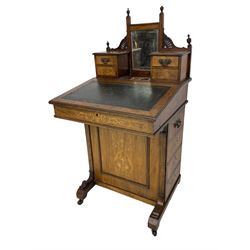 Victorian inlaid walnut Davenport, raised back fitted with bevelled mirror and small drawers, sloped top with leather inset, fitted with four drawers (W56cm, H112cm, D54cn); and an Edwardian inlaid mahogany side chair