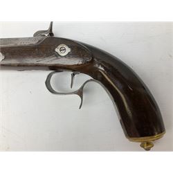 SECTION 1 FIREARMS CERTIFICATE REQUIRED OR REGISTERED FIREARMS DEALER - Pair of Reproduction Continental .44 calibre percussion target pistols, each with heavy 23.5cm octagonal to round barrel bearing various marks, crude scroll engraving to lock plate, hammer and octagonal section of barrel, unchequered walnut stock with brass butt plate and steel hooked trigger guard, numbered 8138 & 8164, L41.5cm overall; in maroon baize lined converted sapele mahogany fitted case bearing reproduction trade label for Trulock & Son Dublin containing small copper powder flask, steel scissor action bullet mould, nipple key, turned wooden mallet and lidded box, steel rammer and wooden cleaning rod, case L48cm