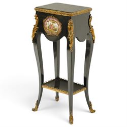 Early 20th century French ebonised sewing or work table, rectangular hinged top with folia...