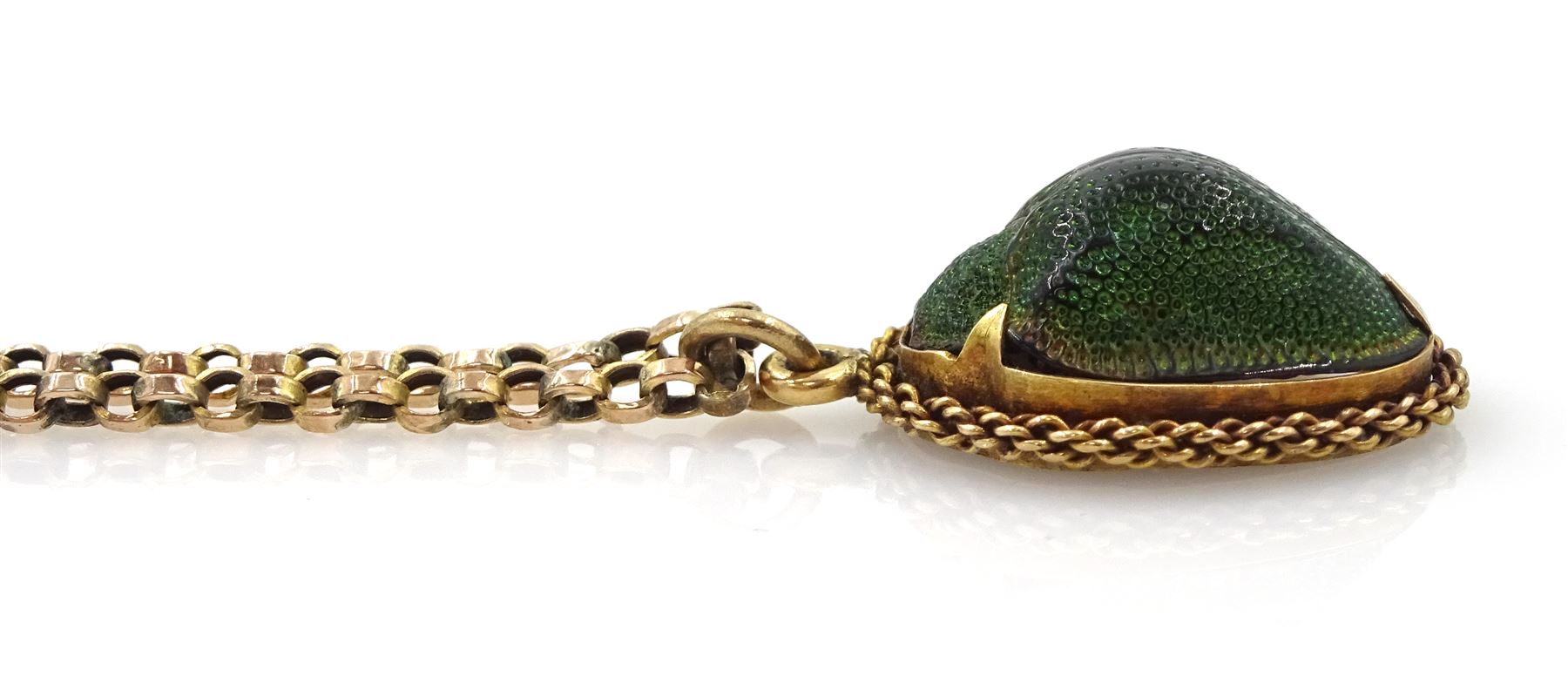 Early 20th century 18ct gold scarab beetle pendant, on 9ct gold necklace