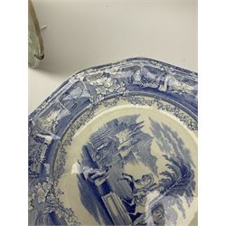 A pair of John Ridgway soup bowls, transfer printed in green with the Giraffe pattern, together with a group of other 19th century blue transfer printed wares, including a pair of Walmer pattern dinner plates. 