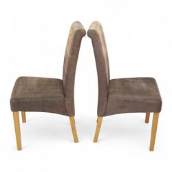 Contemporary pine farmhouse table and four chairs, rectangular top with rounded corners and waxed finish, raised on turned legs painted in terracotta red, set of four contemporary dining chairs, fully upholstered in taupe microfibre fabric with gently flared backs, on square section oak effect legs