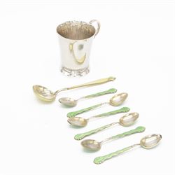 Set of six Scandinavian silver demitasse spoons decorated with green guilloche enamel, stamped 925s, together with a similar Scandinavian silver spoon in yellow guilloche enamel and 1950's silver christening cup, hallmarked J B Chatterley & Sons Ltd, Birmingham 1959, cup H7cm  