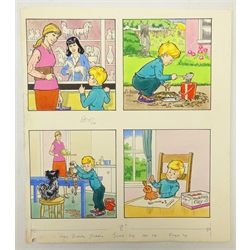  Seven original 1970's 'Hey Diddle Diddle' comic illustrations, watercolour and ink on paper, artist unknown, c1972 & 1973, 26.5cm x 29.5cm some larger (7)  