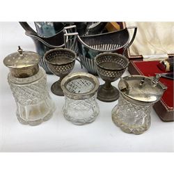 Silver mounted glass cruet set, Hallmark Walker & Hall, together with silver plate cased canteen, tea set etc