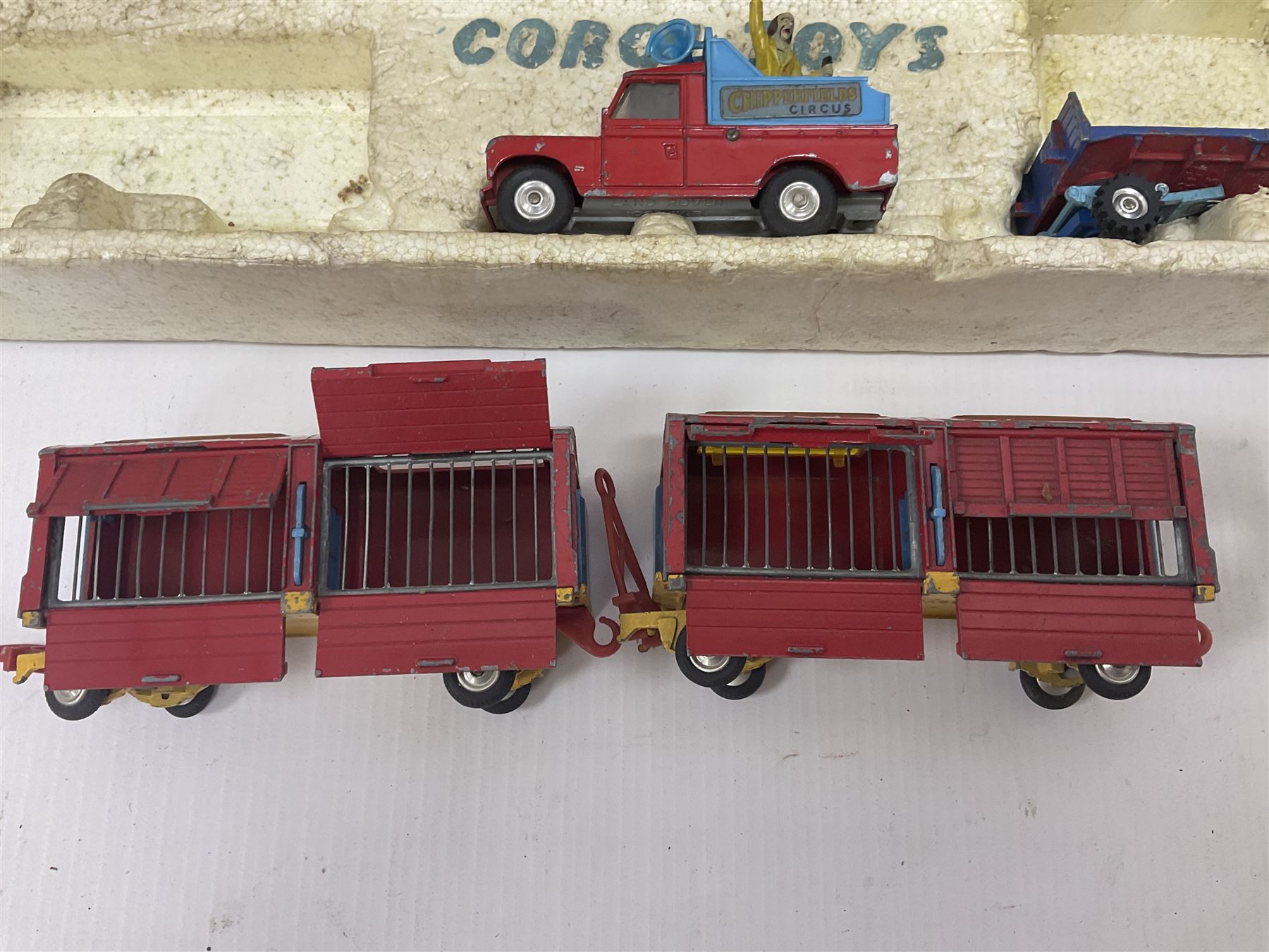 Corgi Chipperfields Circus Toys Gift Set No. 23 part-set in part-box comprising Smith’s ‘Karrier’ Van, International 6x6 truck, two Circus Animal Cages and Platform Trailer; accompanied by similar Corgi Major Chipperfield Circus Articulated Horsebox, and two Corgi Land Rovers