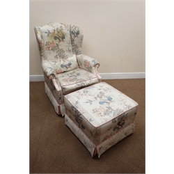  Peter Guild Ltd. Knole three piece suite, comprising: three seat sofa, W230cm, D90cm, H88cm, W144cm. D90cm, H88cm, two seat sofa, W144cm. D90cm, H88cm, wing back chair, W78cm,D80cm, H105cm and square lift top footstool, W60cm, D60cm, H44cm, upholstered in beige botanical fabric, (4)  