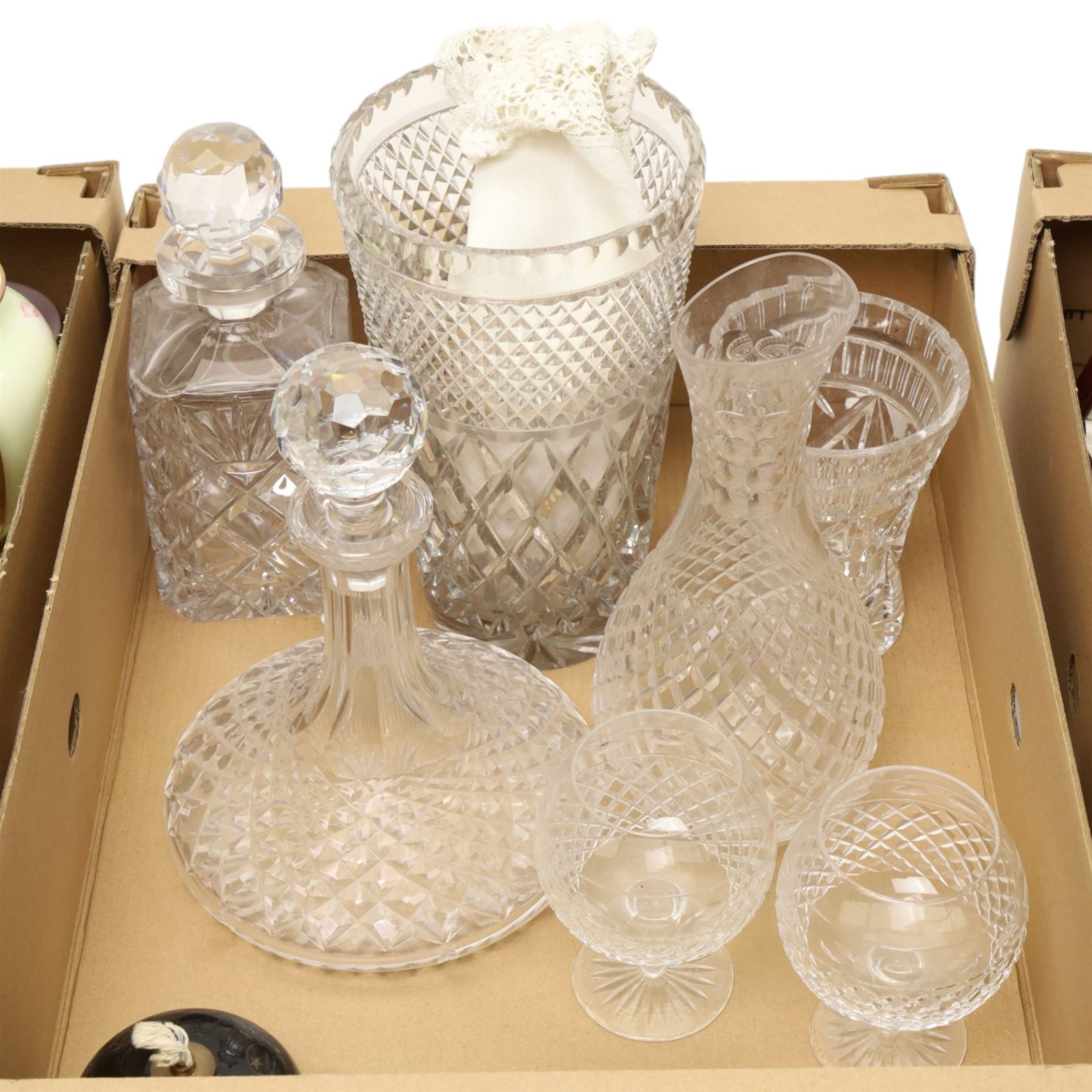 Keith Murray for Wedgwood - pair of tots decorated with weather vanes, assorted table glass, five Swarovski glass items, silver and plated decanter labels, plated brandy glass warmer etc in three boxes