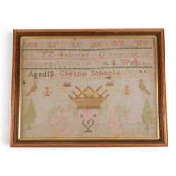 Late 19th early alphabet cross stitch sampler by E Wells age 13, together with two others 