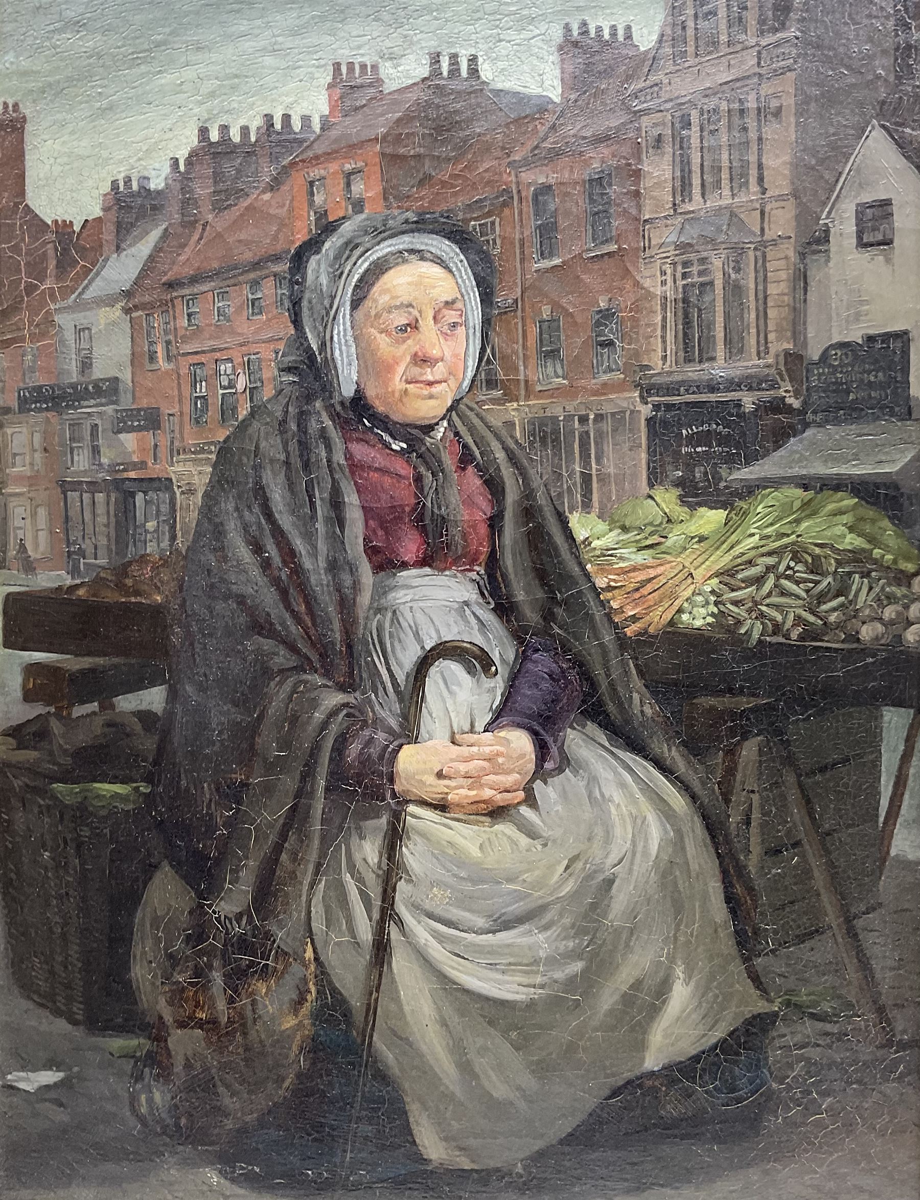 English School (19th century): 'The Vegetable Stall - Dovecot Street Stockton', oil on canvas unsigned, titled verso 44cm x 34cm