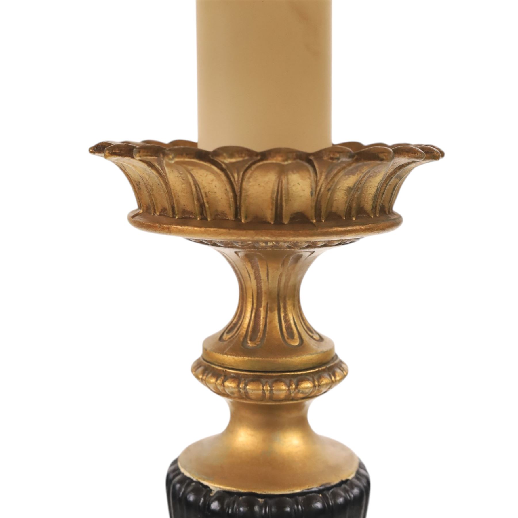 Neoclassical style table lamp, with conical stem upon a circular base, with gold lampshade with tassel trim, H82cm without shade