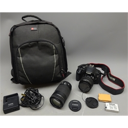  Canon EOS 600D digital camera body with Canon Zoom lenses EF-S 18-55mm 1:3.5-5.6 lS ll & EFS 55-250mm 1:4-5.6 lS STM, two batteries, charger, instructions etc in rucksack   
