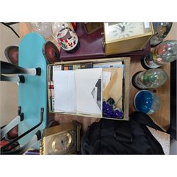 Dog cigarette box, glass decanter, two brass mantel clocks, snow globes, collection of Smash, Viz, Scorcher magazines, 1997 Glastonbury programme, JVC video camera, Sony Handy Cam and other collectables