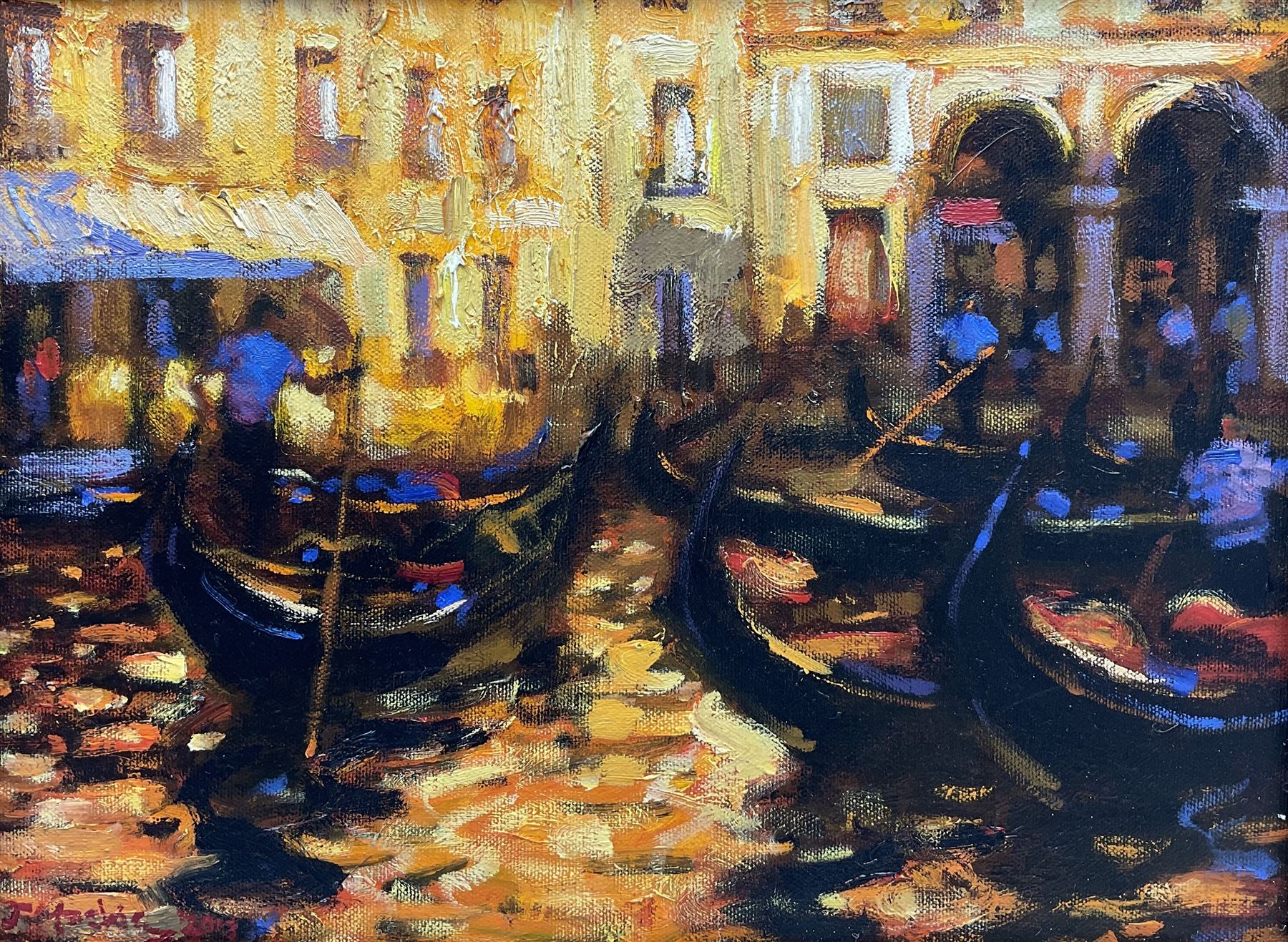 John Mackie (Scottish 1953-): 'Gondolas - Venice', oil on canvas signed and dated 2013, 28cm x 38cm 