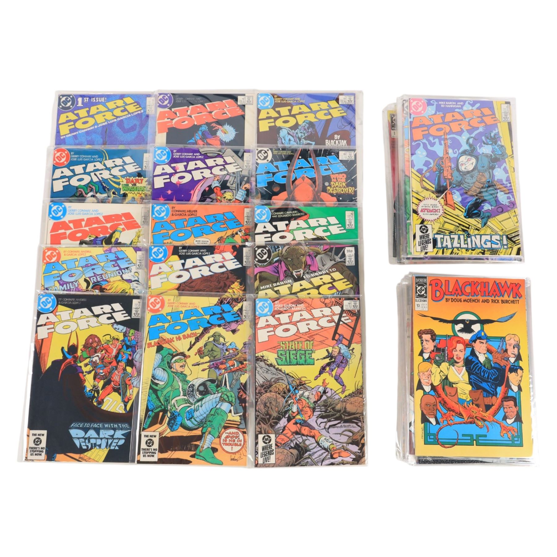 Eighty-one Bronze Age and later DC comic books, including complete twenty issue run of 'Atari Force', eight 'Blackhawk' vol. 1 comics issues #246, #252, #259, #260, #261, #262, #264 and #268, complete sixteen issue run of 'Blackhawk' vol. 3 including two copies of  issue #1, 1989 Blackhawk annual #1, complete four issue mini-series of 'Black Canary', 1986 'Blue Beetle' issues #1, #2, #4 and #5, 1984 'Blue Devil' issue #1, 'Booster Gold' issues #7 and #25, complete six issue miniseries of 'The Brave and The Bold', three 1986/87 'Cosmic Boy' issues #1, #2 and #4, 1987 'Centurions' issue #2, 1989 'Blasters Special' issue #1, 'Captain Atom' issues #1, #2, #16 and #25, 1985 'Challenge' issues #1 to #7 and two 'DC Versus Marvel' issues #1 and #4