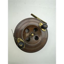 D. Slater, Newark, wood, alloy and brass star-back centre pin reel,  together with three other wooden/alloy reels including Edge Elite, Milbro Pelican and one other 