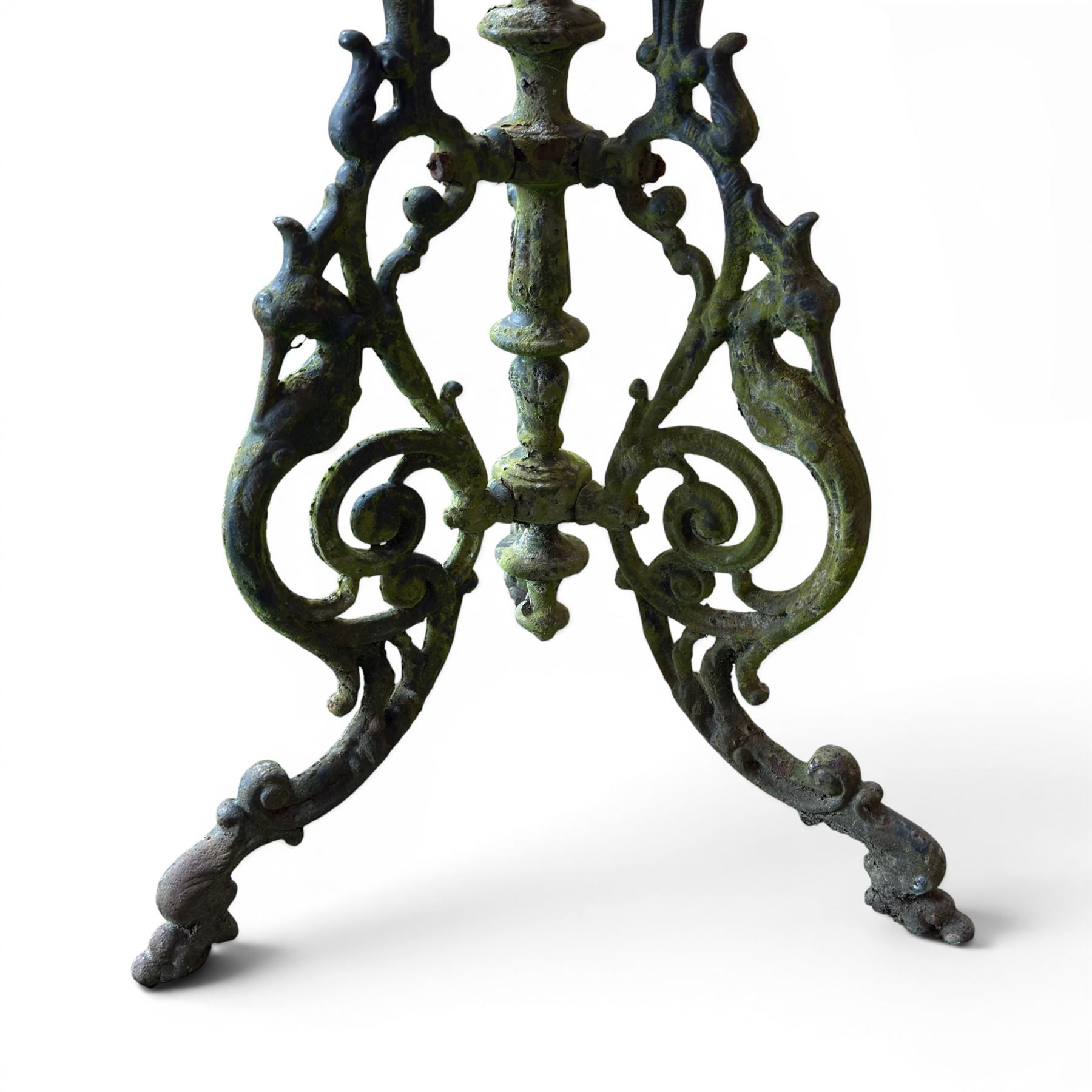 19th century ornate cast iron high garden drinks table, small circular pierced top, raised on three legged base