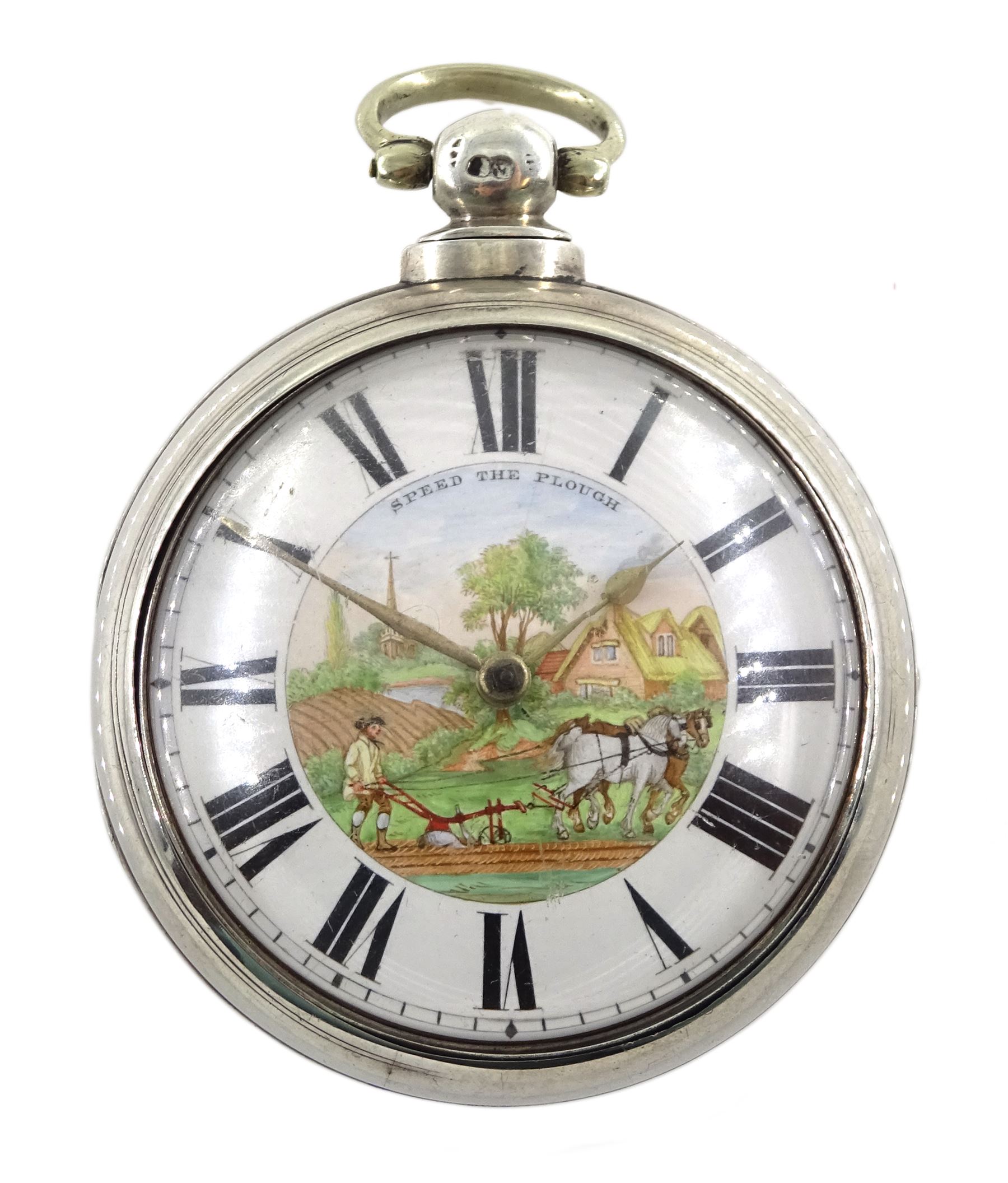William IV silver pair cased verge fusee pocket watch by J C Heselton, Beverley, No. 1082, pierced and engraved balance cock decorated with a mask, enamel polychrome 'Speed the Plough' dial with Roman numerals, bull's eye glass, case by Benjamin Norton, London 1831