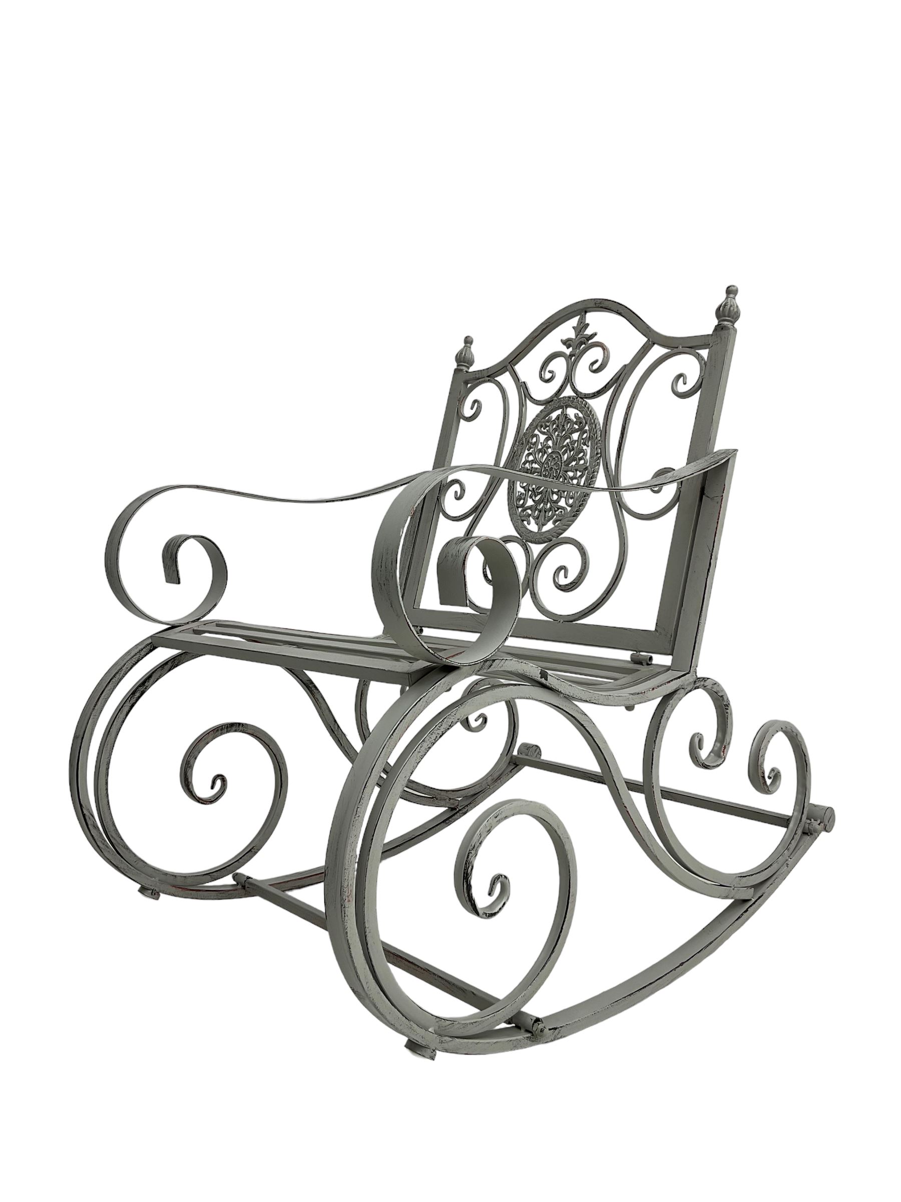 Regency design wrought metal rocking garden bench armchair, pierced back with scroll design and central foliate medallion over strap seat, with C-scroll arms and supports, in antique grey finish