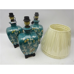  Three Oriental style table lamps decorated with butterflies amongst foliage on turquoise ground on brushed brass base with shades, as new, H33cm  