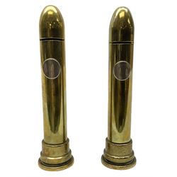 Trench art money boxes modelled from shell cases with applied George V Silver Sixpences beneath the slot, with detachable screw thread bases, H14.5cm