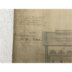 19th century architect's linen-backed plan of Scarborough Public Market Hall; signed by John Irvin 1852 and other interested parties referred to in the agreements with Scarborough Public Market Company 55 x 74cm (rolled)