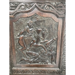  19th century heavily carved oak court cupboard, projecting cornice, blind fret frieze, four cupboard doors depicting ancient fighting scenes, two drawers, W115cm, H184cm, D57cm  