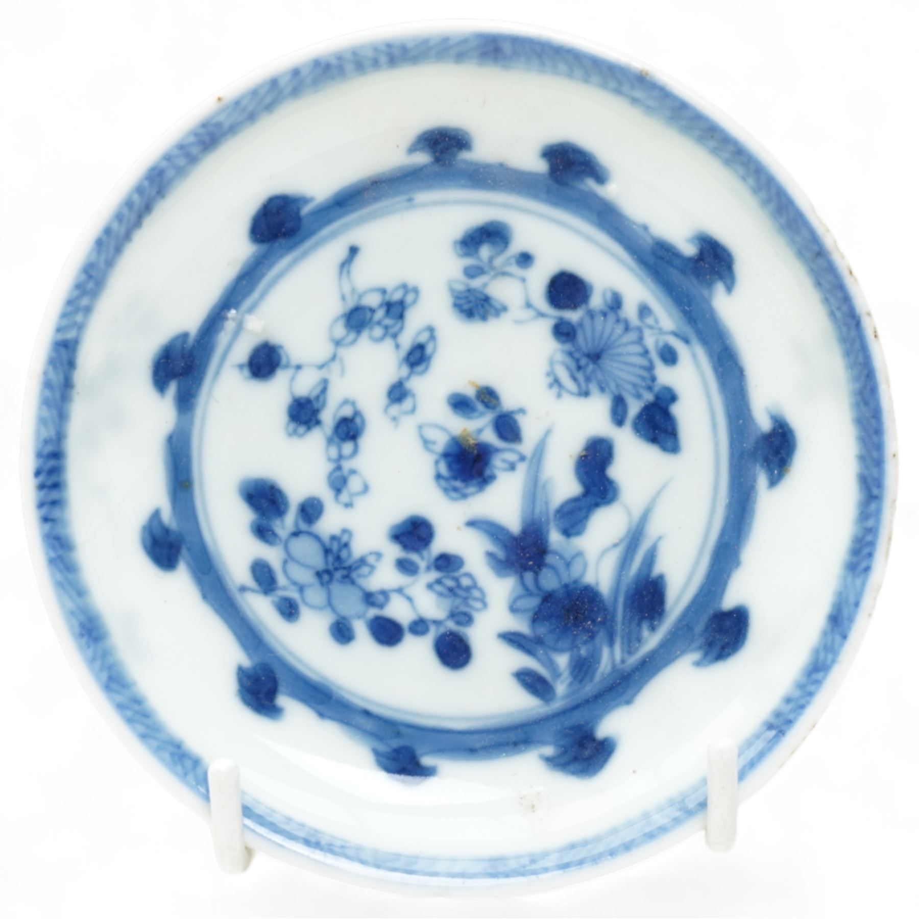 Set of six Chinese blue and white saucers, mostly Kangxi period, comprising matching pair decorated with insects and birds, example with painted lions and tigers, four bearing blue painted 'lingzhi' fungus mark to base, the others unmarked (6)