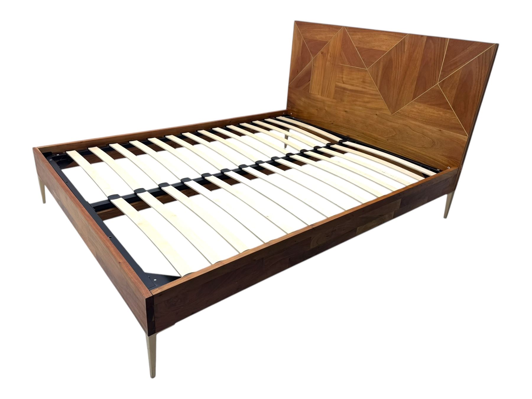 Barker & Stonehouse - contemporary chestnut king size bed frame, with geometric inlaid headboard and brass detailing, slatted base and tapered brass effect legs, together with Dreams ‘Reynolds 1000’ pocket sprung mattress