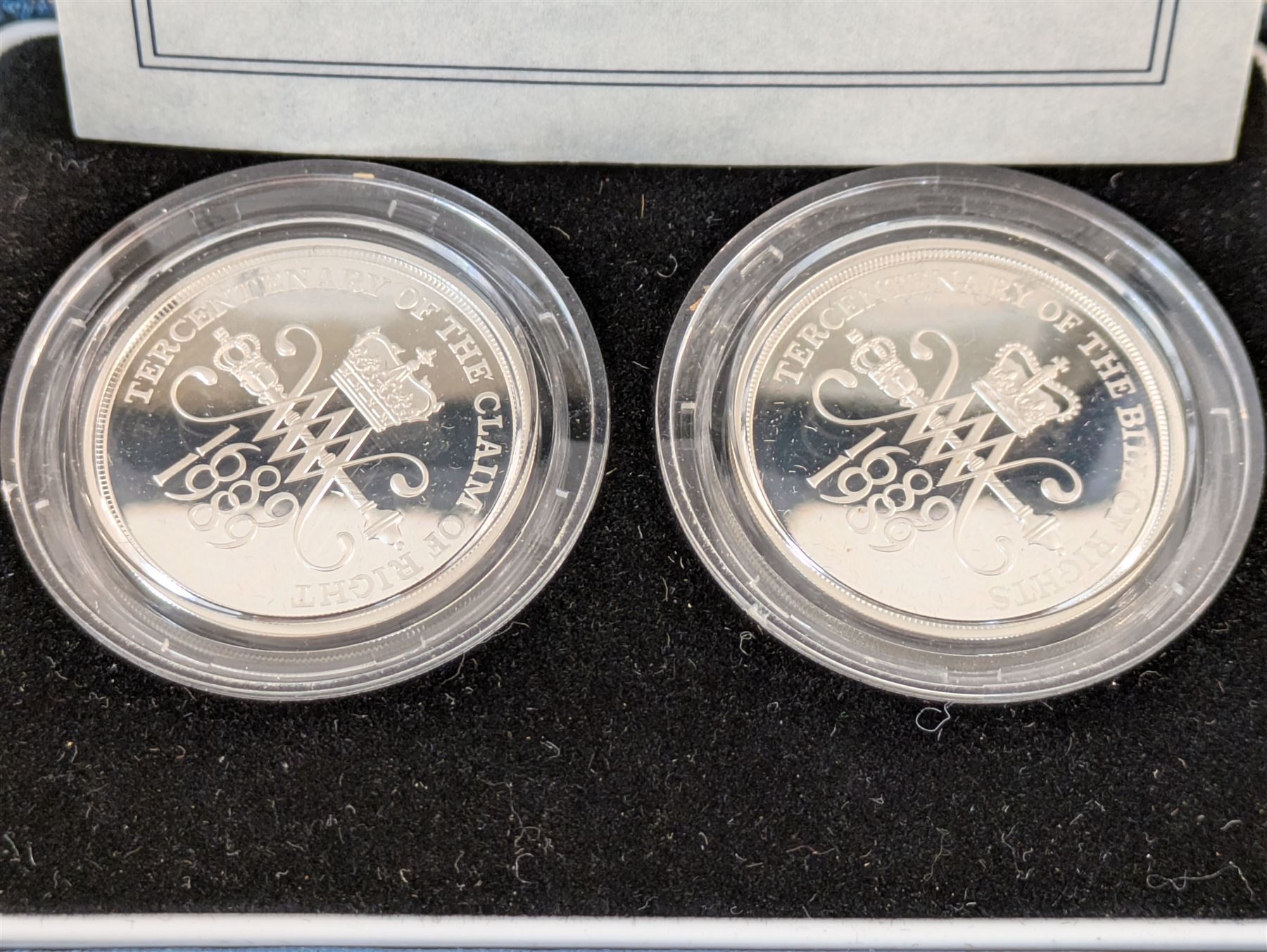 Three The Royal Mint United Kingdom silver proof coins or sets, comprising 1989 two pound coin two coin set with 'Tercentenary Of The Claim Of Rights' and 'Tercentenary Of The Bill Of Rights, 2016 'The Last Round Pound' and 2016 'The Last Round Pound' piedfort, all cased with certificates 
