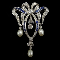  Diamond, sapphire and pearl white gold bow brooch, stamped 18K  