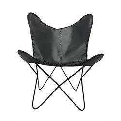 Metal framed butterfly chair upholstered in slung dark tan stitched leather 
