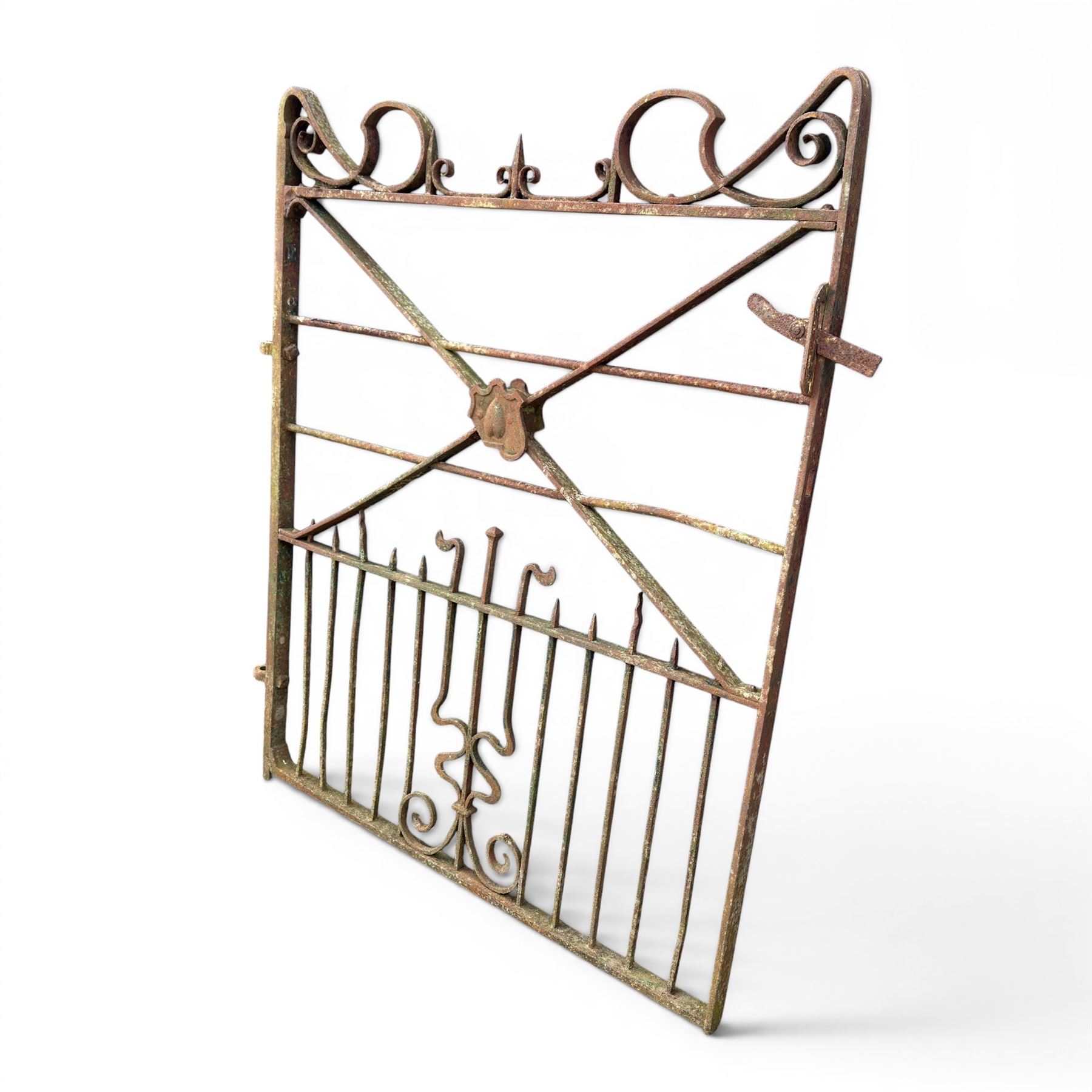 Impressive 19th century 4' wrought iron Country House pedestrian gate, bar form with close rail base, X framed with central crests, scroll and spike top