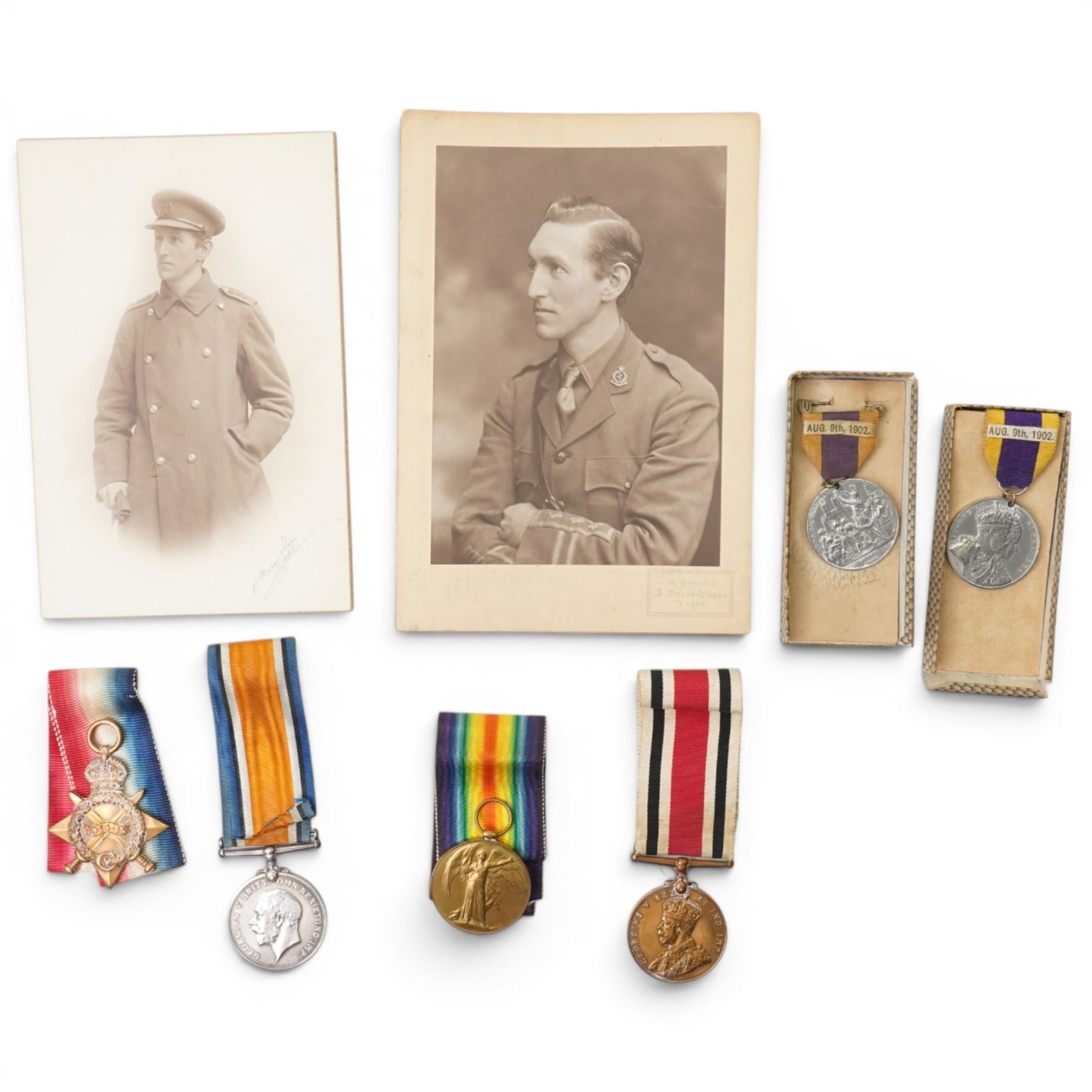 Three WWI medals to Lieutenant, later Captain John Barugh Fisher R.A.M.C. comprising War Medal, Victory Medal and 1914-15 Star,  George V Special Constabulary Medal to William Fisher and two 1902 Coronation medallions together with two photographs of John Fisher in uniform.
John Barugh Fisher (1888-1924) born in Amotherby, studied at Leeds University and became doctor in 1911