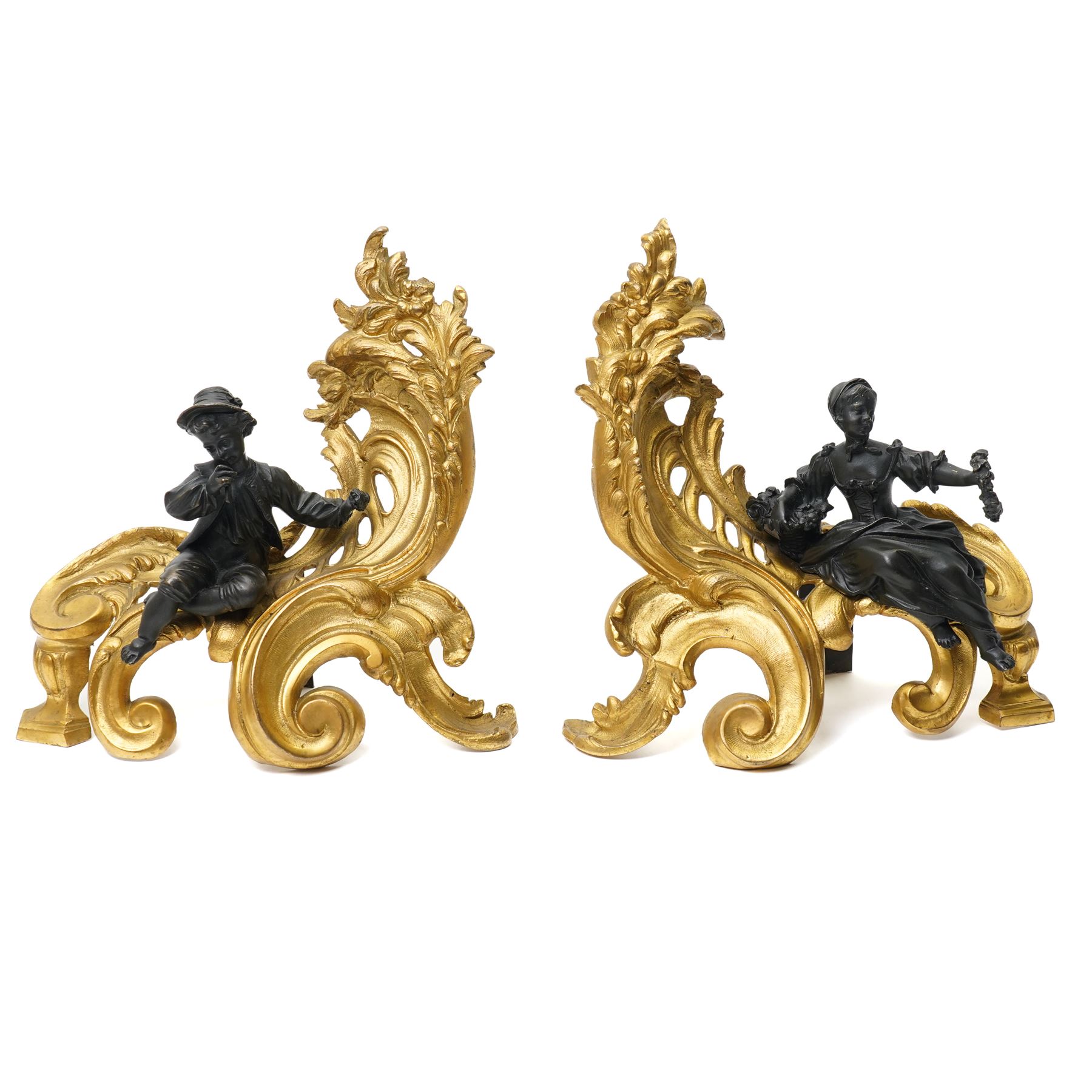 Pair of gilt metal Louis XIV style chenets, mounted with two bronze figures of a boy and girl, H29cm W30cm 