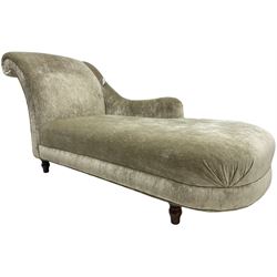 Contemporary chaise longue with scrolled back, upholstered in champagne crushed velvet, on turned feet
