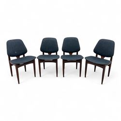 G-Plan - mid-20th century teak oval dining table, with butterfly leaf extension mechanism and four Elliot's of Newbury teak framed dining chairs upholstered in purple and green fabric, table un-extended width 152cm x depth 152cm x height 71cm, chairs 47x37x78cm 