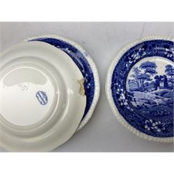 Copeland Spode's Tower pattern part dinner service, comprising  ten dinner plates, twenty two salad plates, six side plates, twelve bowls, tureen and cover, two sauce tureens (one with cover), and two sauce boats