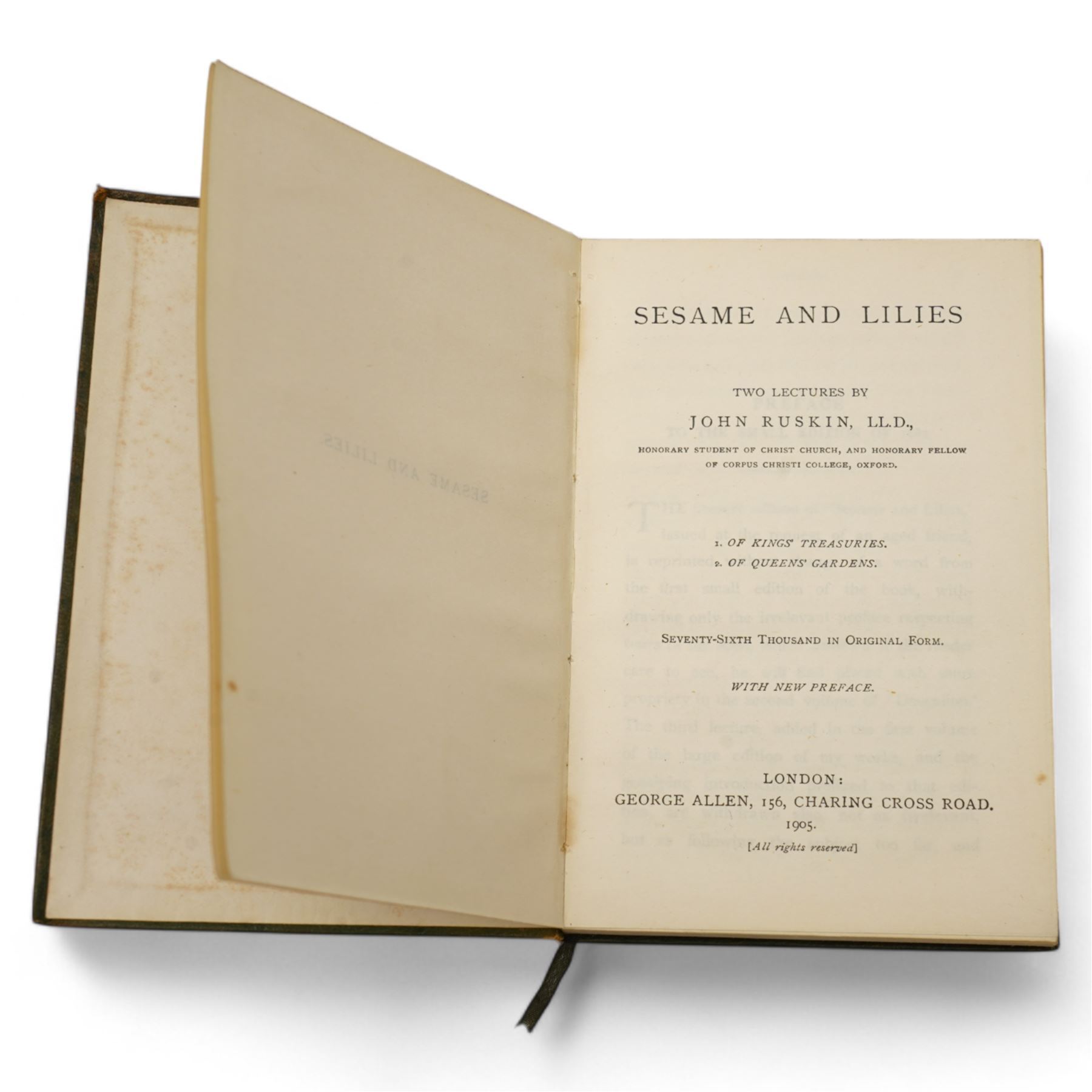 Pulling, F.S. - 'Sir Joshua Reynolds,, published Sampson Low, 1892 and Brock-Arnold, George M. - 'Gainsborough' published Sampson Low 1889, bound together in one volume, full leather with marbled end papers, bookplate of Lionel Montagu, all edges gilt, Ruskin, John - 'The Stones of Venice', volumes 1 & 2 of 3, published by G Allen, 1881 2nd edition, leather and marbled boards, Ruskin, John 'The Stones of Venice' published by G Allen 1893, 1st edition with green boards and Ruskin, John - 'Sesame and Lilies' published G Allen 1895 in soft leather, 'The Essays or counsels Civil and Moral', Routledge 1883 in half leather boards. 'Selections from speeches and writings of Edmund Burke' circa 1890, Tupper, A F 'Proverbial Philosophy' 1838, embossed and gilt leather, all edges gilt and Lord Macauley 'Historical Essays' 1923 