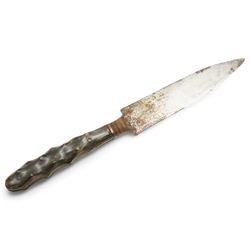 Victorian hunting knife, the blade engraved with a pig sticking scene, horn grip and leather sheath L23cm overall