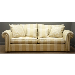 Duresta Waldorf Grande three-seat sofa with scroll arms, upholstered in Ivory striped fabric with scatter cushions, W244cm, H98cm, D107cm  