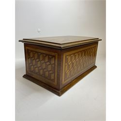 19th Century mahogany and parquetry box of rectangular form, geometric cube design, with a stylised sun detail to the hinged cover, opening to reveal three compartments, L33cm D21cm H16cm
