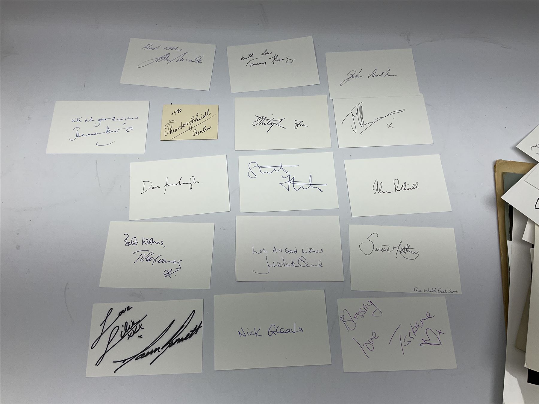 Collection of approximately  500 autographs, signed cards, signed letters, signed photographs etc from famous individuals including Sidney Godolphin, Berkeley Guise, Marquess of Salisbury (Prime Minister), Harold Wilson, Howard Macmillan, Edward Heath, Tony Blair, Prince Richard, Duke of Gloucester & Brigitte, Duchess of Gloucester, Prince Michael of Kent, Golda Meir, Kurt Waldheim, Peter Fraser, Robert Menzies, Hartley Shawcross, David Steel, Enoch Powell, Michael Foot, Denis Healey, Leon Brittan, David Owen, Neil Kinnock, Willie Whitelaw, Manny Shinwell, Norman Tebbit, Geoffrey Howe, Paddy Ashdown, Leslie Hore-Belisha, Samuel Hoare, Margaret Beckett, Michael Heseltine, Oswald Stool, Philip Ben Greet, Charles Santley, Joseph O'Mara, Ada Crossley, Ben Davies, Rutland Barrington, Evelyn Glennie, Moira Shearer, Brian Close, Steffi Graf, John Virgo, Daley Thompson, Brian Lara, Frank Bruno, Steven Spielberg, George Cukor, Leni Riefenstahl, Orson Welles, Paul Newman, Joe E.Brown, Charlton Heston, John Gielgud, Eric Sykes, Caroline Blakiston, Mercedes Ruehl, Beatie Edney, Joseph Cotton, Rula Lenska, Roy Hudd, Caroline Quentin, Ned Sherrin, Tony Britton, Lesley Joseph, Nigel Havers, Rory Bremner, Geraldine James, Clive Anderson, MyAnna Buring, Elkie Brooks, Alan Bennett, Gavin Ewart, Dean Koontz, Red Adair, Viv Nicholson, Gerald Scarfe, Screaming Lord Sutch, Maria von Trapp, Annie Besant, Reginal Bacon etc 