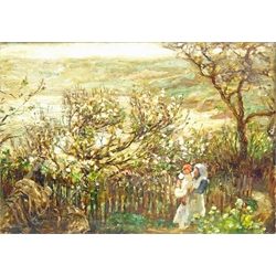  Frederic William Jackson (Staithes Group 1859-1918): Mother and Child in Spring Blossom at Runswick Bay, oil on canvas signed 32cm x 46cm  