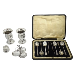 Two silver vases by Charles Edwards, London 1902, set of six teaspoons and sugar tongs by Lee & Wigfull, Sheffield 1918 cased, silver clover leaf bon bon dish by Henry Matthews, Birmingham 1903 and a hallmarked silver lidded box, weighable silver approx 6.9oz 