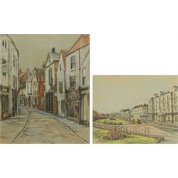 Sarah Garforth (British Contemporary): 'Church Street Whitby' and 'The Crescent Filey', two pastels and ink signed, titled on the mounts, further titled and dated June '93 on labels verso 27cm x 22cm and 18cm x 23cm (2)
